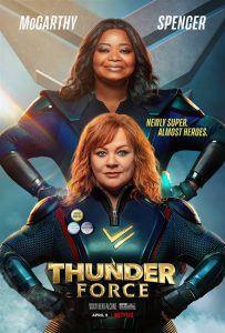 Thunder Force movie poster with McCarthy and Spencer in their black superhero outfits 