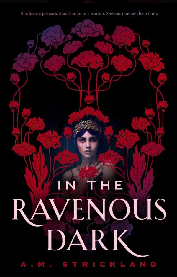 In the ravenous dark with roses against a black background in the shape of a sluff and a pale illustration of a crying woman in the middle over the nose and mouth