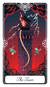 The Tower card shows Rapunzel and her prince falling from the tower