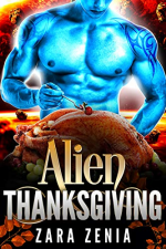 Alien Thanksgiving by Zara Zenia. A blue alien man stands before a barely cooked turkey and is resting on a bed of grapes.