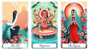 The Fool The Little Mermaid), Temperance (Bodhisattva Avalokitesvara), and The Empress (Our Lady of Guadalupe)