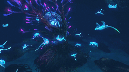 animation of Subnautica with deep blue and fuchsia creatures swimming around