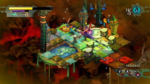 A screen image of the game play platform for Bastion with a board game some floating dice and beneath all of it is fire and a volcano