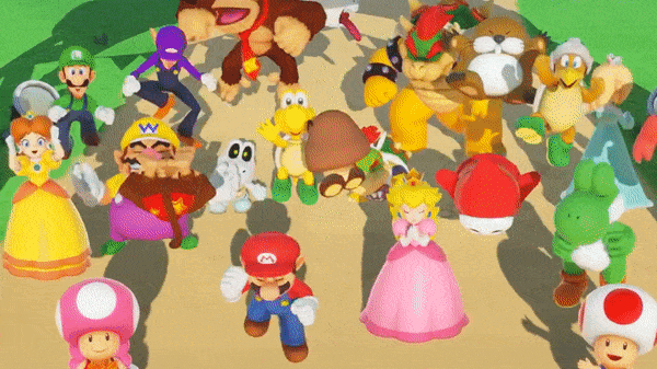 Mario and all the characters jump up in celebration