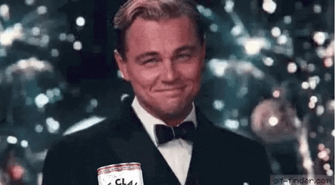 Leonardo DiCaprio from the Great Gatsby toasts but with a whiteclaw