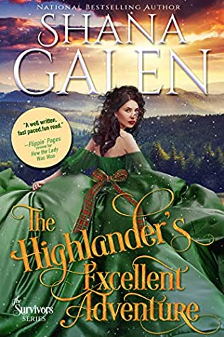 The Highlander's Excellent Adventure by Shana Galen. A brunette in a voluminous soft green gown is running away from the reader. It's soft and romantic and whimsical