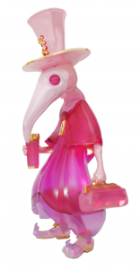 A pink plastic plague doctor with long pointy mask in a ping gown and holding a big cocktail 