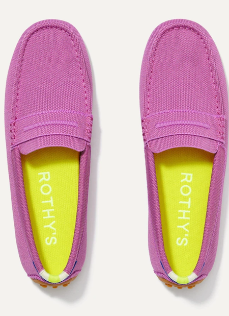 Pink woven loafers with yellow insoles 
