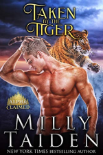 Taken by the Tiger by Milly Taiden. A tiger is leaping and looks like he's about to pounce onto a ripped blond man who is staring at his crotch.
