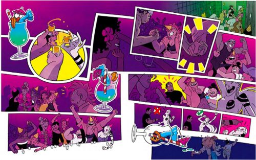The mers enjoy a night at the bar in a purple-toned two page spread with bright yellow highlights. 