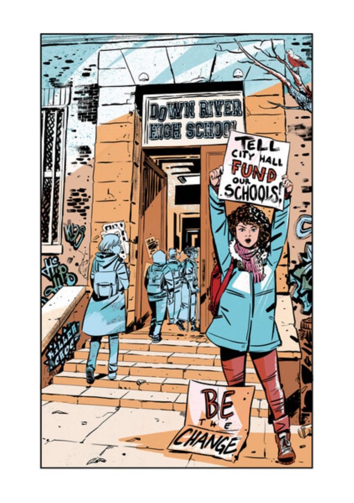 Willow stands in front of her school holding a sign that says Tell City Hall to Fund Our Schools!