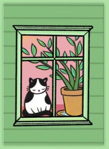An illustration of a black and white cat sitting in a window next to a big green plant