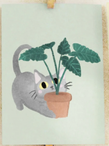 Watercolor illustration of a cat looking up at a big green plant