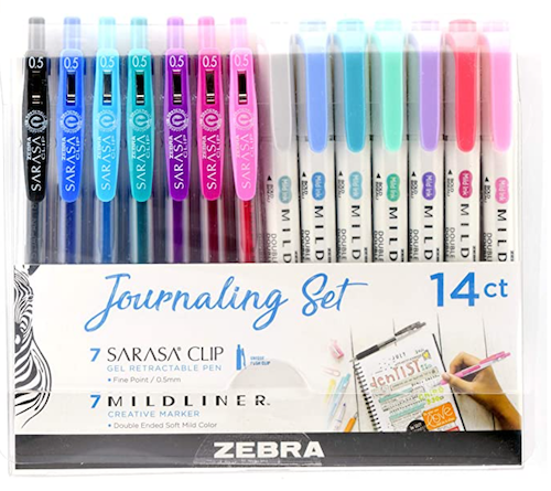 Zebra Pen Journaling Set, Includes 7 Mildliner Highlighters and 7 Sarasa Clip Retractable Gel Ink Pens