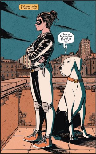 Willow in her costume of black and white pants and jacket, looks over the city from a rooftop along with Leobowitz, a white Great Dane. Willow's thought text says Eventually I figure it out while Dog says I love my new logo collar. We look so fine right now.