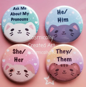 Purronoun buttons featuring little pictures of cat faces with pronouns above
