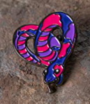 A snake enamel pin in the bi pride colors forming a heart with its body 