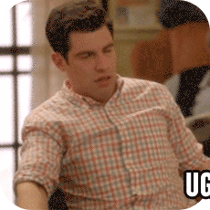Schmidt from New Girl says Ugh and flops backward