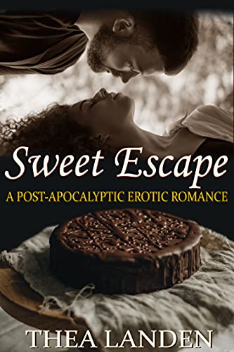 Sweet Escape by Thea Landen. Two people are hovering over each other, horizontal, not touching, and maybe about to kiss. Beneath their floating silhouettes is a chocolate cake.