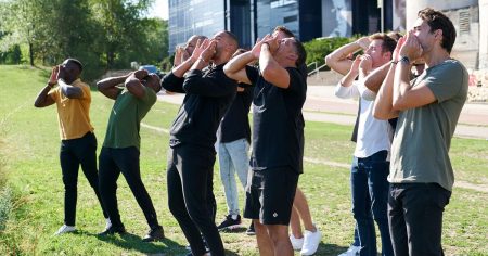 The guys shout Michelle's name and it's really silly