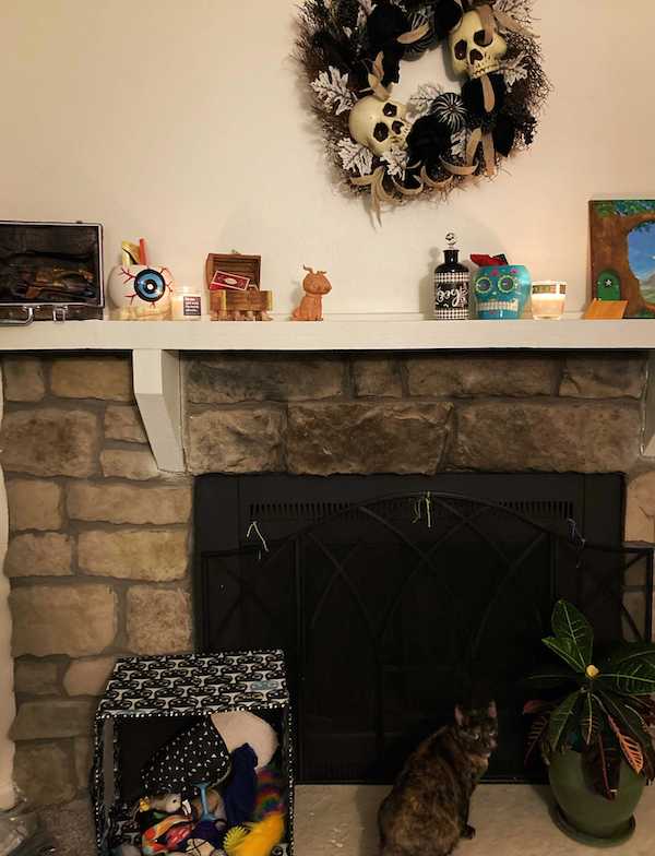 a stone mantel with a skull wreath above it, candles and mysterious jars on the mantelpiece, and a beautiful calico cat sitting at the hearth 