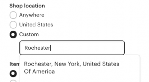 Screen shot of the Etsy filters selecting shop location custom and the word Rochester typed in
