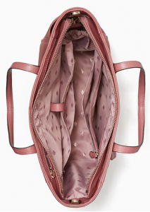 overhead view of the deep pink satchel with the zipper open, yes, it's suggestive again 