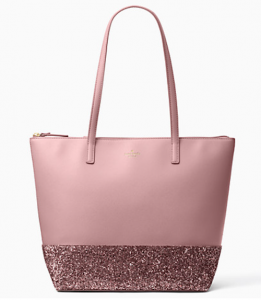 A front view of the bag which has a glittery lower quarter in a slightly darker pink it's very festive