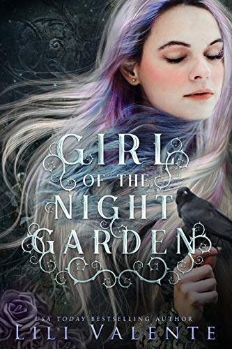Girl in the Night Garden by Lili Valentine. A woman with windswept grey blonde hair with streaks of blue is holding a crow.