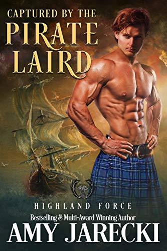 Captured by the Pirate Laird by Amy Jarecki. A dehydrated and very slim ginger man stands in front of a rickety ship. The head of Sam Heaughan is photoshopped onto the body.