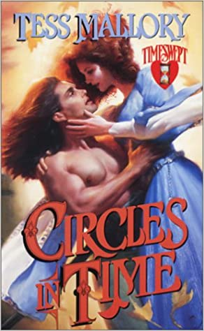 Circles of Time by Tess Mallory. A clinch cover with a woman and a shirtless man. She's higher than he is, possibly floating or being held aloft. However, her arm that is caressing his face looks absurdly long.