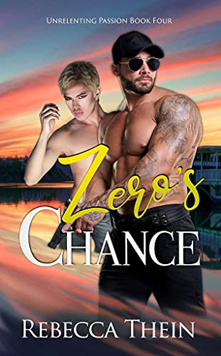 Zero's Chance by Rebecca Thein. A man and a woman are floating, disembodied over a lake during sunset. He is shirtless with a black ball cap, big sunglasses, black pants, and a gun. The other body is that of willowy man. He is making a kissing face at the camera. He is also shirtless but is wearing jeans.