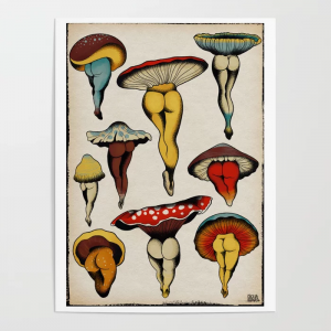 multicolored illustration of mushrooms with the stems drawn to look like curvy backsides and legs 