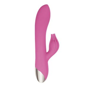 A pink silicone vibrator with an attachment for clit stimulation