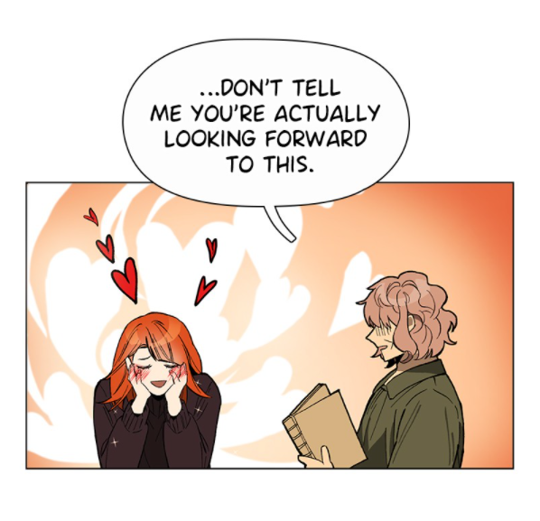 Hearts popping out of Yunha as Madam Bong looks on, aghast, saying, ...Don't tell me you're actually looking forward to this.