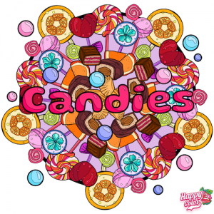 A happy color app illustration of lots of candies in reds blues and yellows with the word CANDIES in the middle heck yeah candy 