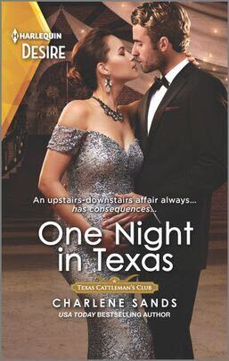 One Night in Texas by Charlene Sands. a model with a round pregnant belly is wearing a sparkly silver off the shoulder gown with draped short sleeves and a princess neckline - extremely elegant