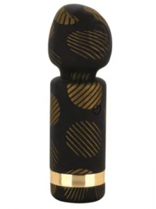 a black vibrator with a large round top with gold accents - very classy