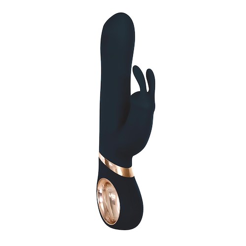 A matte black vibrator with a clitoral rabbit and rose gold accents on the base 