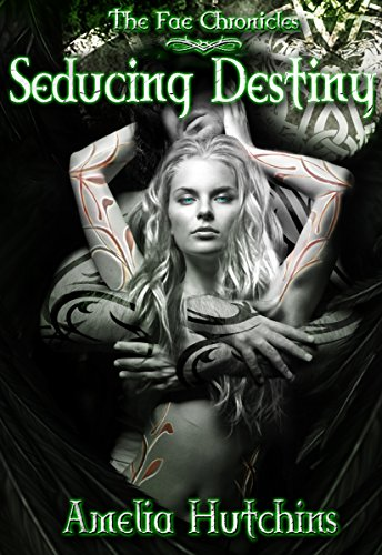 Seducing Destiny by Amelia Hutchins. A naked woman is being hugged from behind by a man. Her arms are reaching up behind her to grab his neck. She may have snapped it. Dark green and red vines circle their arms.