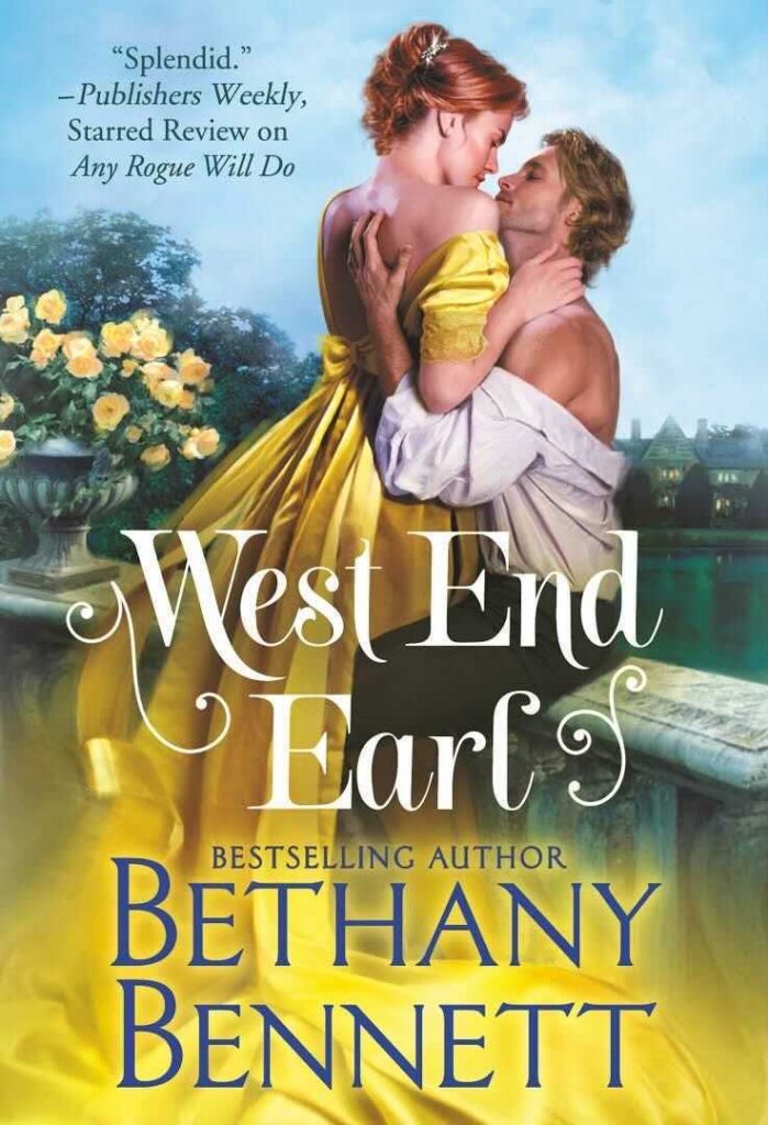 West End Earl by Bethany Bennett. A man sits on a garden stone railing overlooking some water. His shirt is falling off his shoulders. He's embracing a red haired woman who is standing between his legs. She has on a gorgeous golden dress. They are surrounded by deep green plants and light colored roses. 