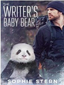 Romance novel cover. A white man wearing all black camping gear and backpack stands in falling snow. Next to him is a panda, about waist-high, with a horrified thousand-yard stare.