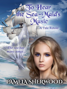 To Hear the Sea-Maid's Music by Pamela Sherwood. A pirate ship in the background on the water. A giant blonde woman's head is rising out of the water. She has purple eyes and a thousand yard state. A silver mermaid tail is also coming out of the water behind her.