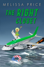 The Right Closet by Melissa Price. Wow what a feat of photoshop. A plane with a bright green stripe is diving into a pool of reflective water. There's an American flag tube floatie in the water and an illustrated, pageant queen waving a pride flag on the wing.