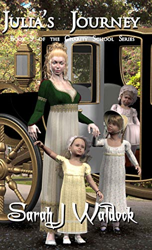 Julia's Journey by Sarah J. Waldock. A computer generated image of a blonde woman leading out a gaggle of children from a carriage.