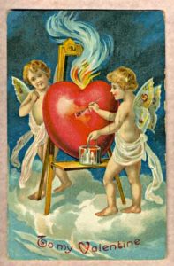 Antique valentine with a big heart with fire coming out of it being panted by twocupids withbutterfly wings