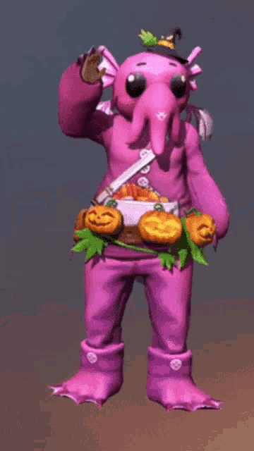 a CG animation of a person in a squid elephant costume in pink with jack o lanterns around their waist. 