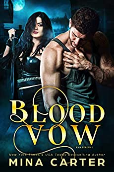 Blood Vow by Mina Carter. A man in a tank top is giving himself a breast exam while a woman creeps up behind him with a knife
