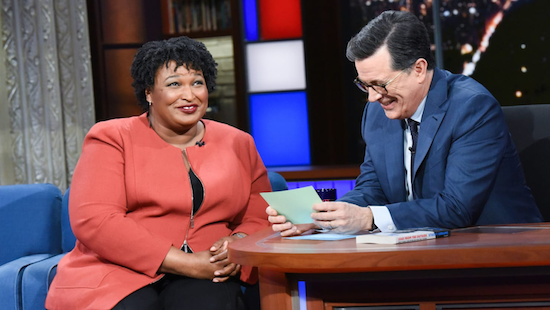 Stacey Abrams on the colbert show where he's reading a sex scene from one of her novels out of context 