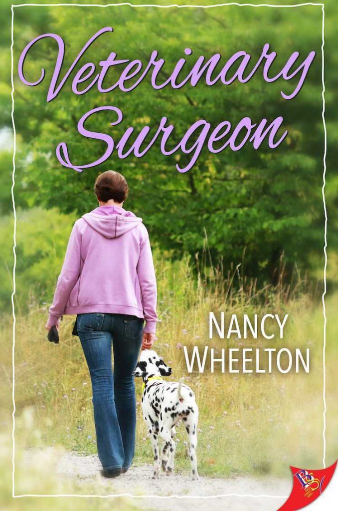 Veterinary Surgron by Nancy Wheeton. A woman facing away from the camera is taking a Dalmatian on a walk. Is she holding a full poop back or a folded up leash?